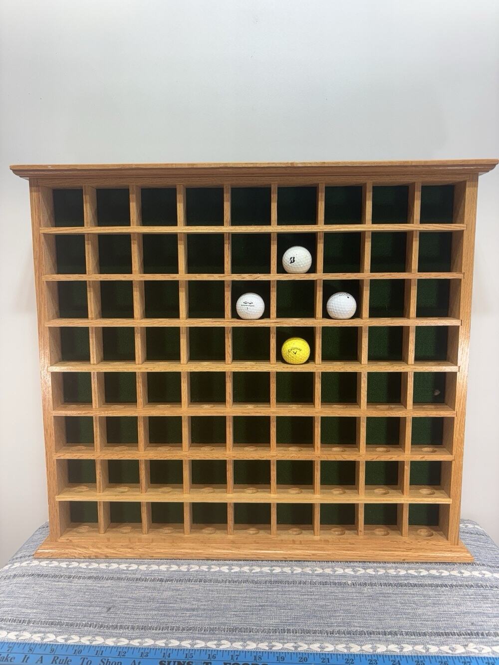 Large Oak Golf Ball Display Rack 72 Ball Wall Cabinet Green Felt 25" Vintage